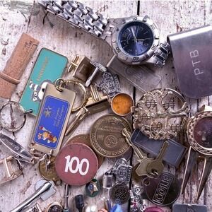 Vintage Men's Junk Drawer Lot Grandpa Watch Keys Tie Clips Money Clips Golf Tees